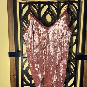 Kimchi, blue spaghetti strap, velour top with eyelash lace trim size medium rust